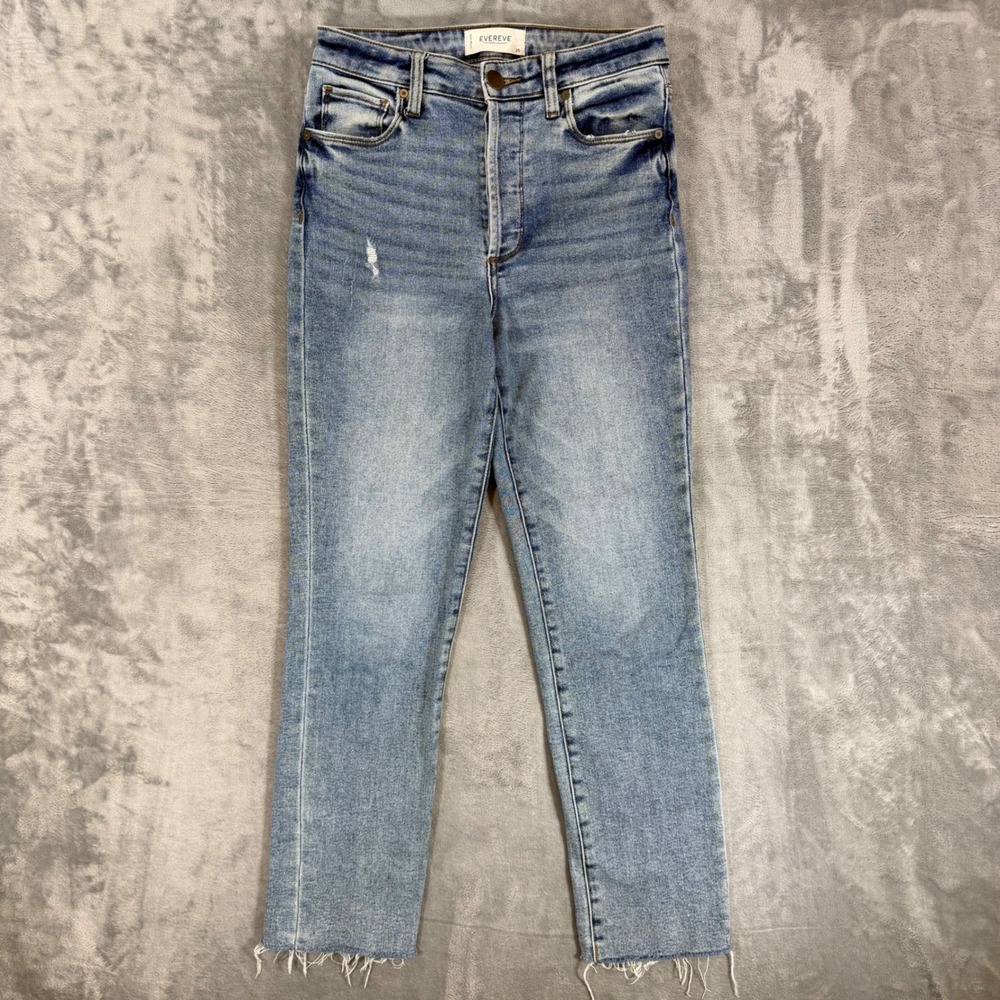 Evereve The Ever Straight High Rise Jeans Womens Size 25 Light Blue Distressed